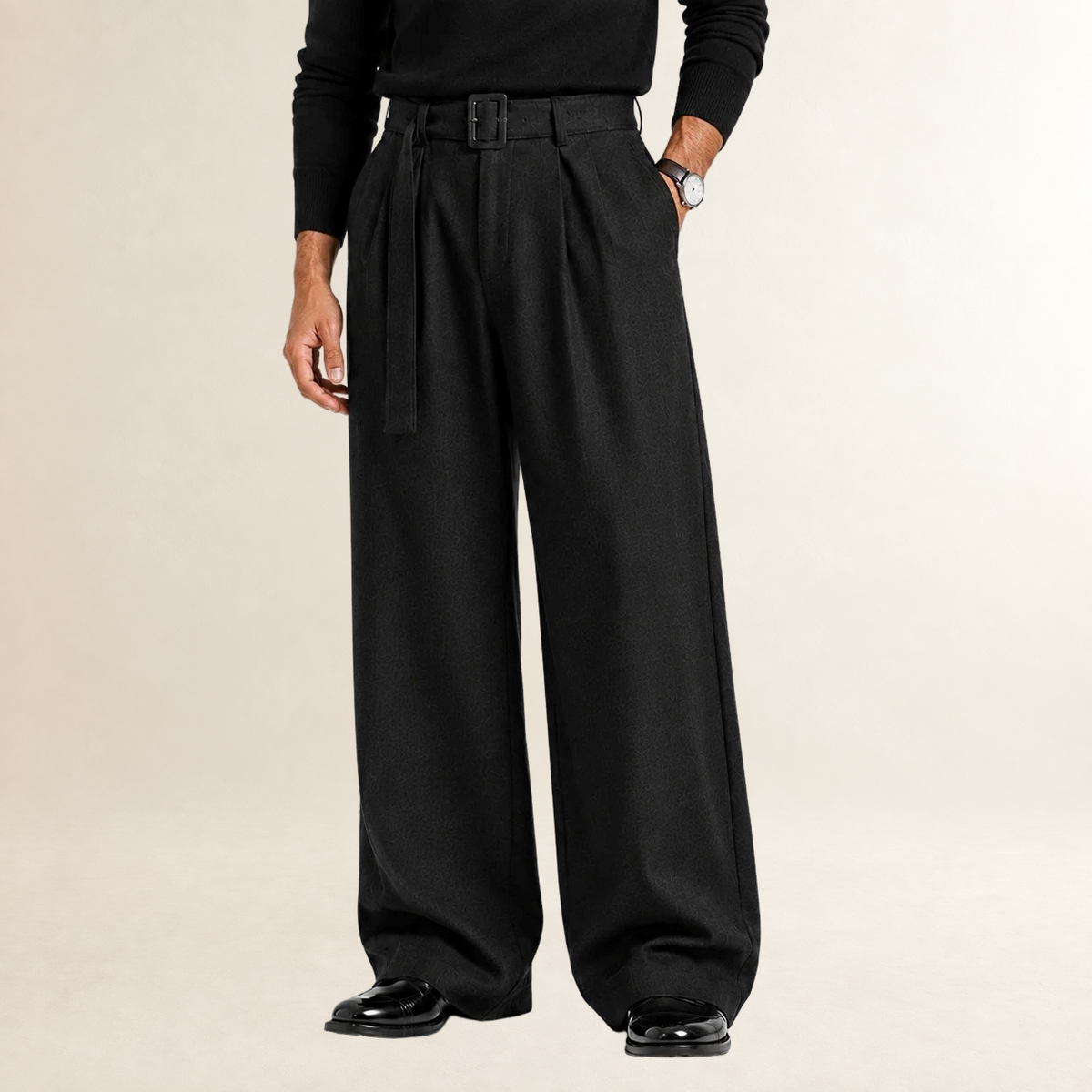 Men's Trousers Wide Leg Pleated with Belt - Tailored Fit