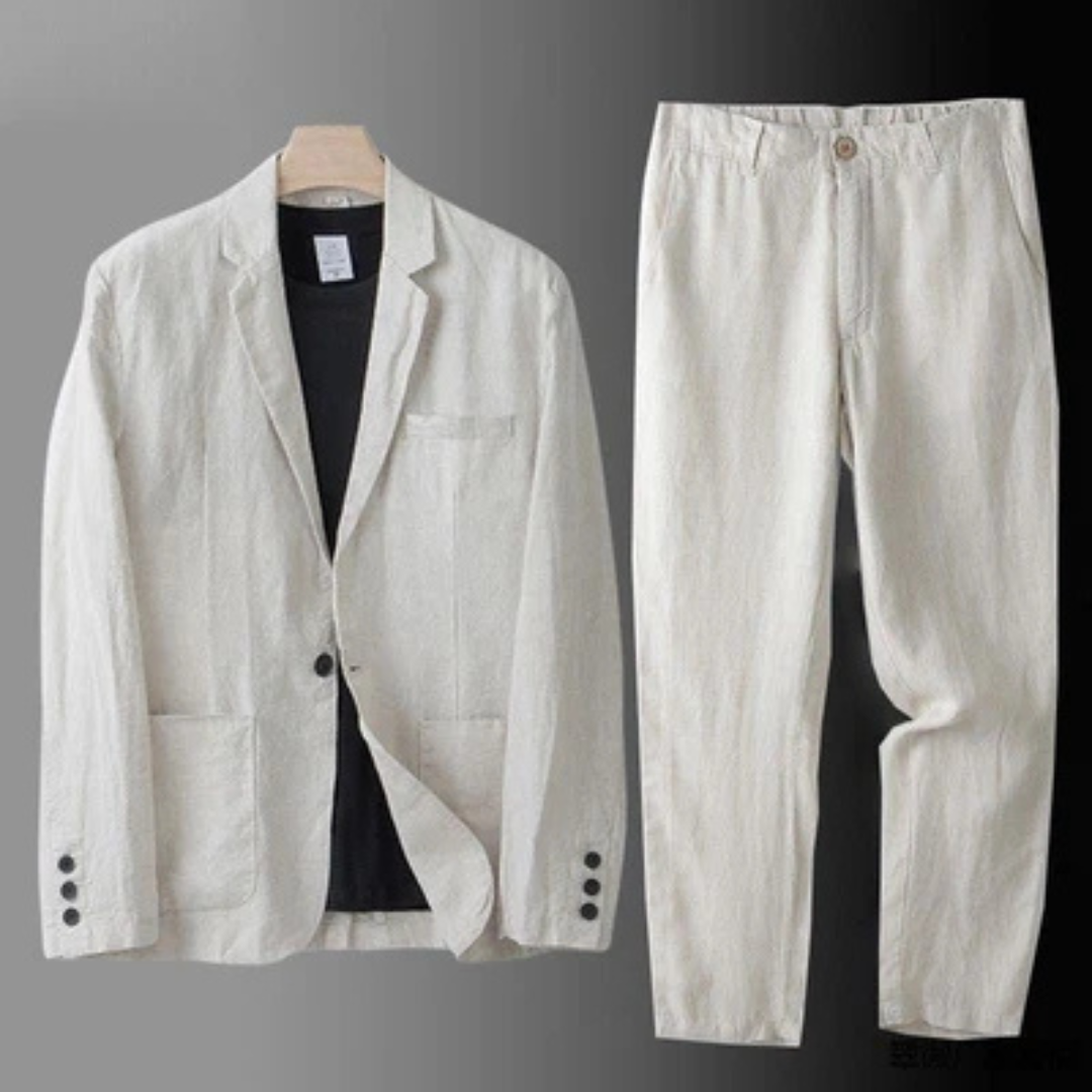 Men's two-piece suit - single-breasted blazer with notch lapel and patch pockets, straight-leg trousers with elastic waistband