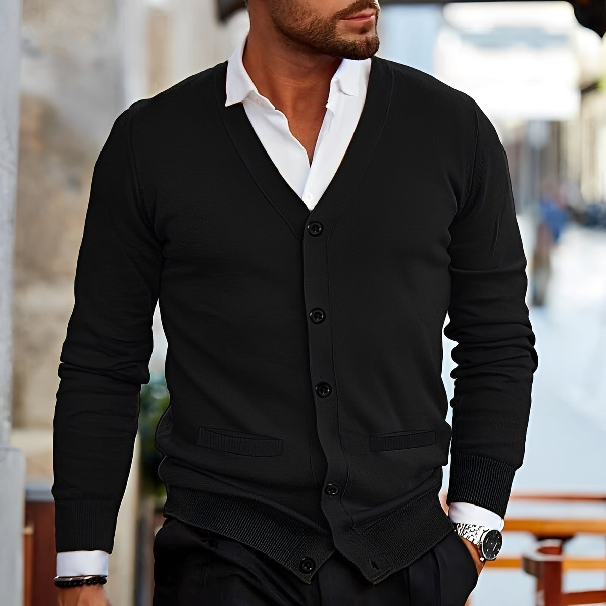 Men's V-Neck Cardigan - Button Closure, Long Sleeve, Casual Fit