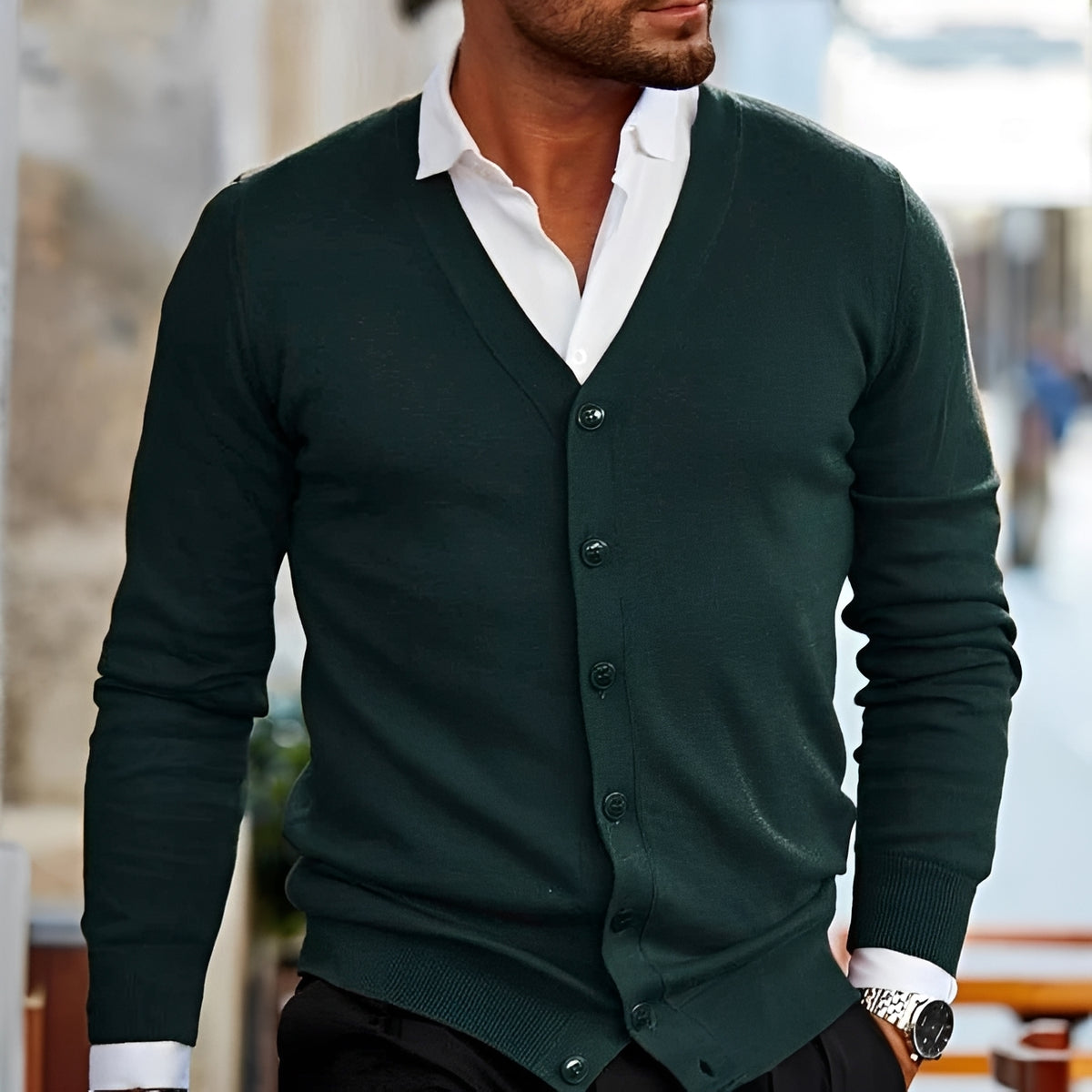 Men's V-Neck Cardigan - Button Closure, Long Sleeve, Casual Fit