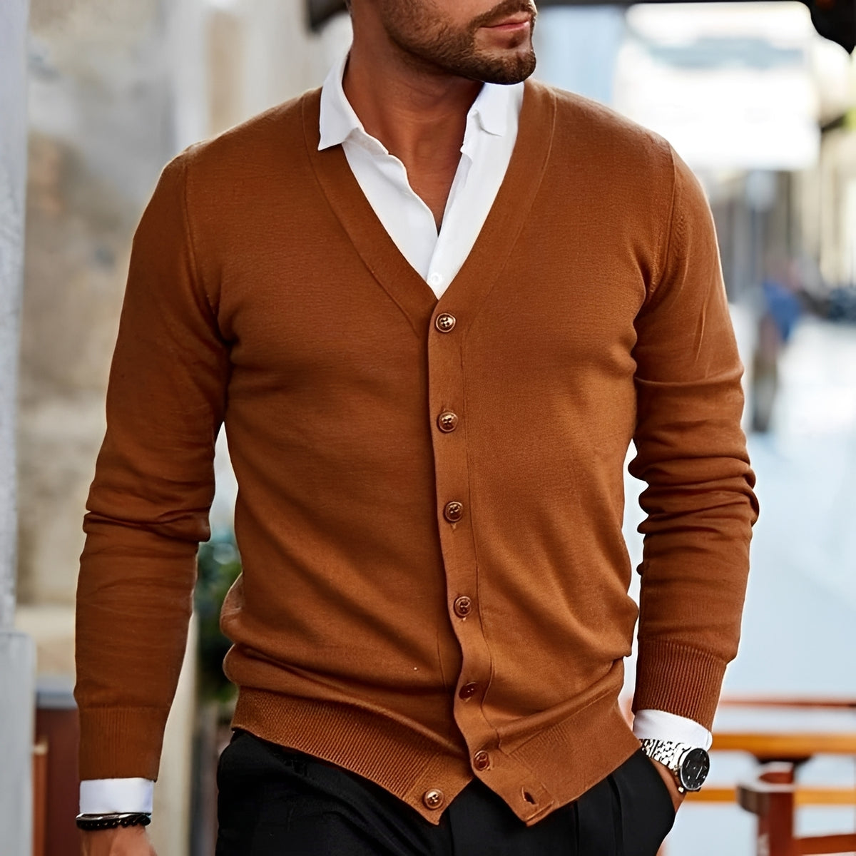 Men's V-Neck Cardigan - Button Closure, Long Sleeve, Casual Fit