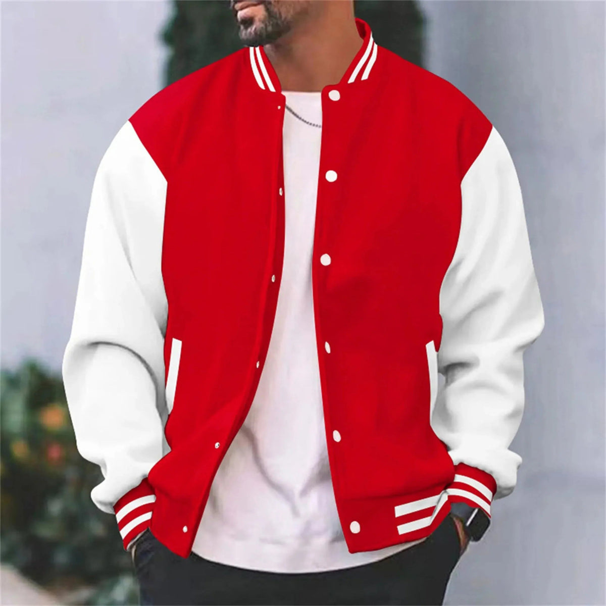 Men's Varsity Bomber Jacket, Snap-Button Closure, Contrasting Sleeves, Striped Rib Collar & Cuffs, Regular Fit