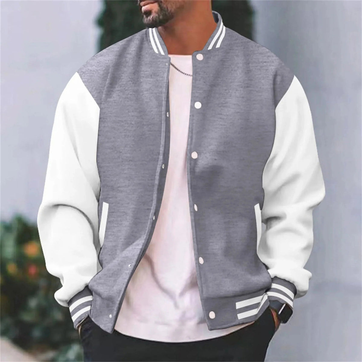 Men's Varsity Bomber Jacket, Snap-Button Closure, Contrasting Sleeves, Striped Rib Collar & Cuffs, Regular Fit
