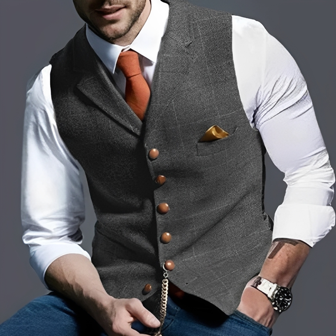 Men's Vest Slim Fit Single-Breasted Button Front with Notch Lapel, Windowpane Check, Chest Pocket & Watch-Chain Detail