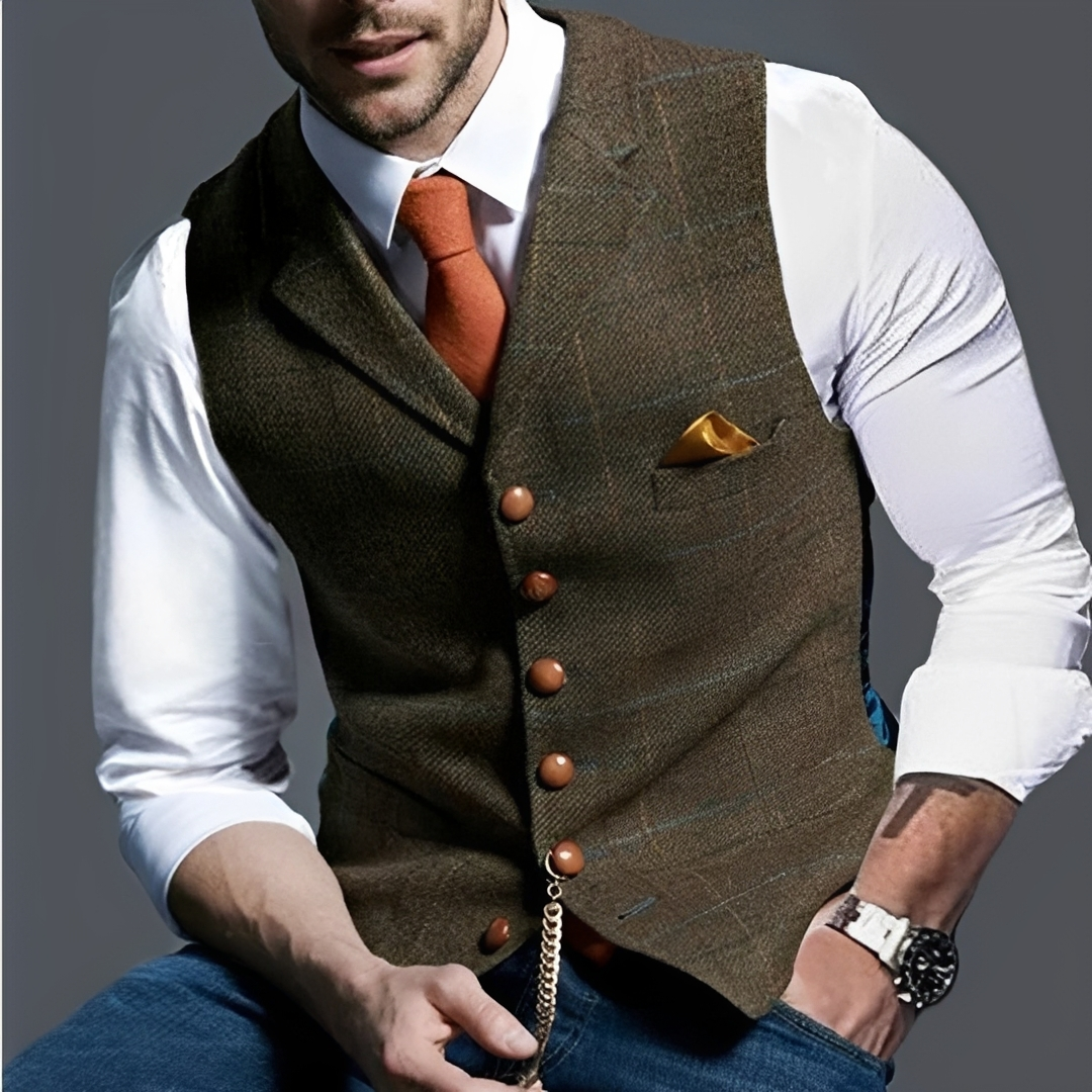 Men's Vest Slim Fit Single-Breasted Button Front with Notch Lapel, Windowpane Check, Chest Pocket & Watch-Chain Detail