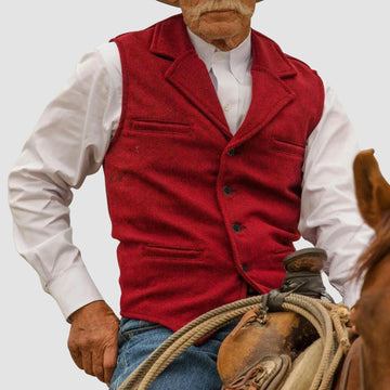 Men's Vintage Herringbone Vest - Button Closure, Lapel Collar