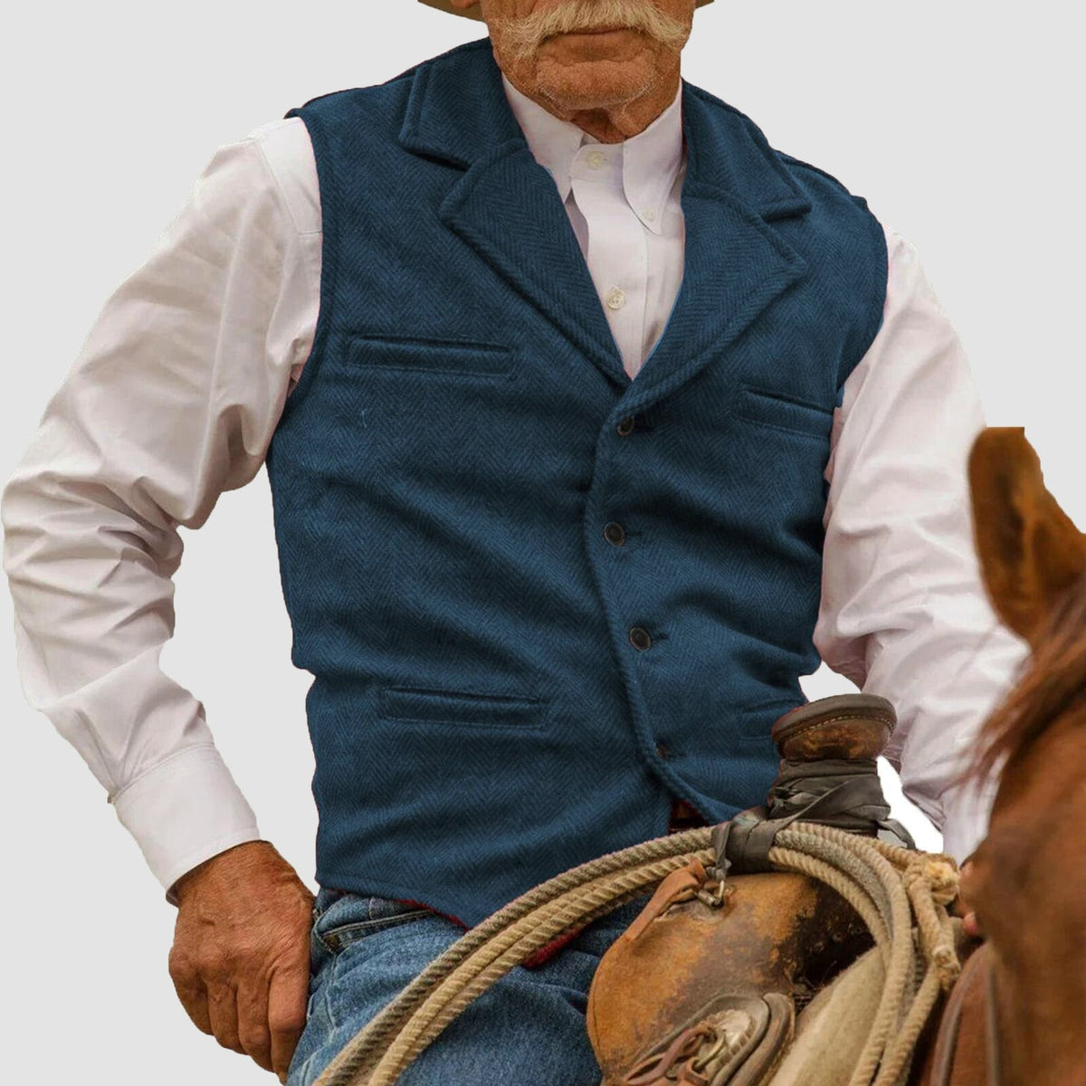 Men's Vintage Herringbone Vest - Button Closure, Lapel Collar