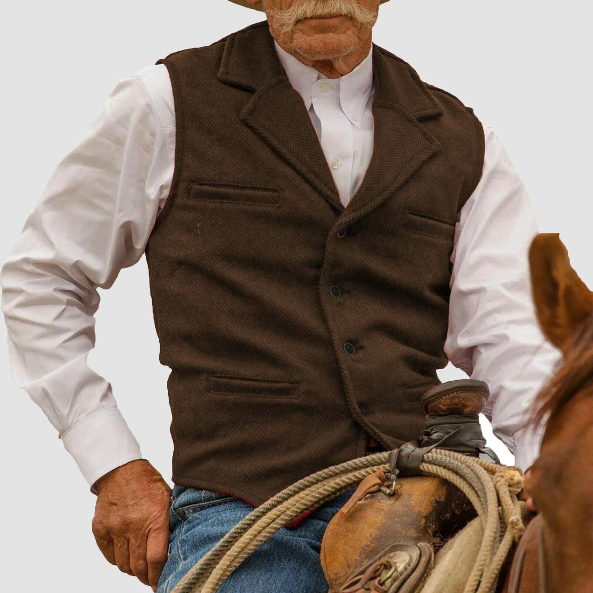 Men's Vintage Herringbone Vest - Button Closure, Lapel Collar