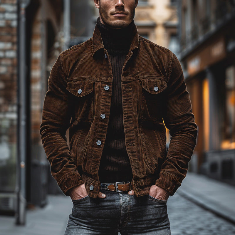 Men's Vintage Jacket - Button Closure with Chest Pockets and Slim Fit