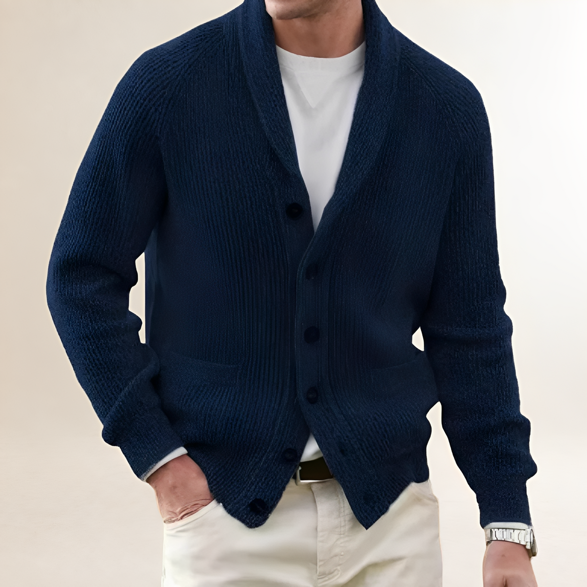 Men's Vintage Shawl-Collar Cardigan - Button-Front, Patch Pockets, Regular Fit