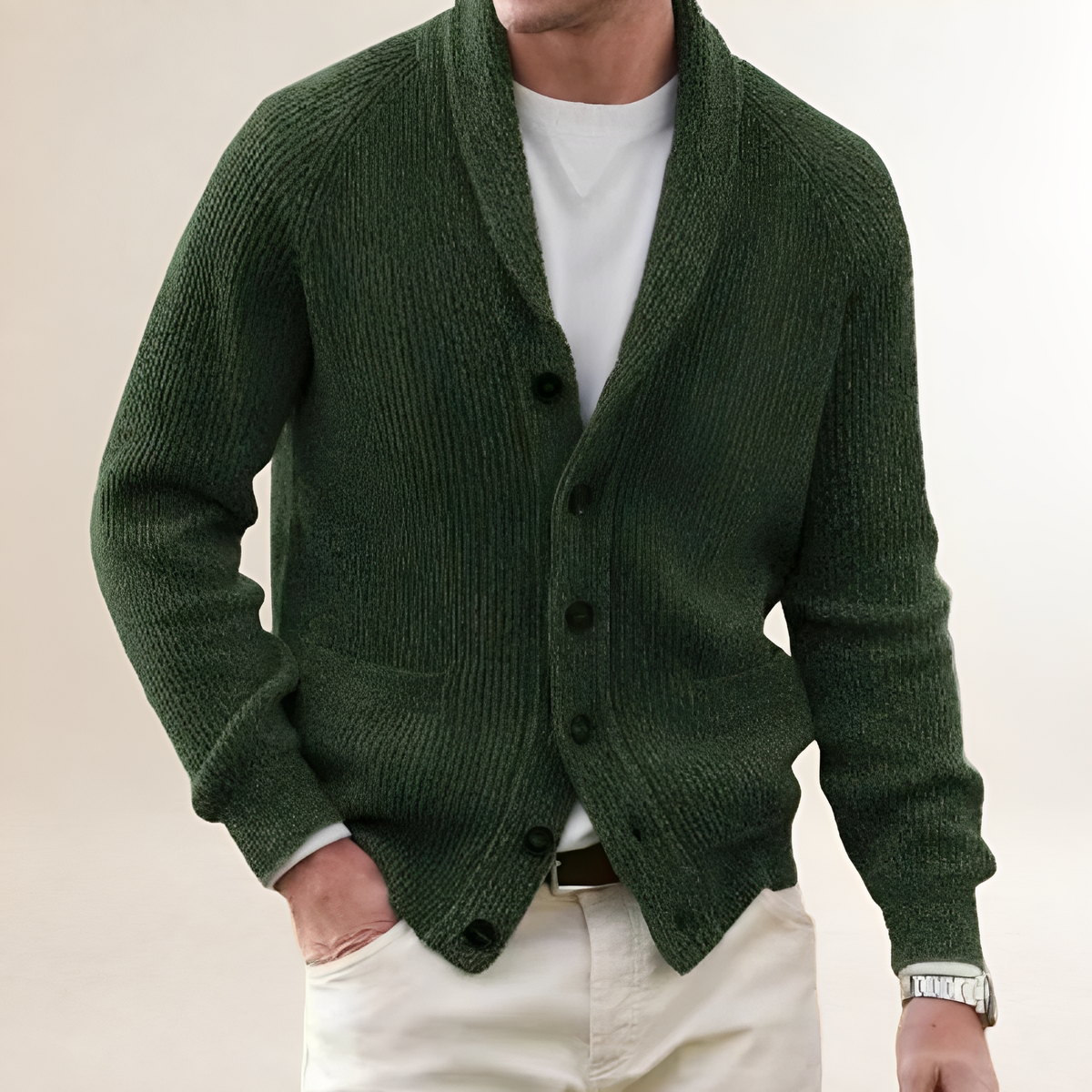 Men's Vintage Shawl-Collar Cardigan - Button-Front, Patch Pockets, Regular Fit