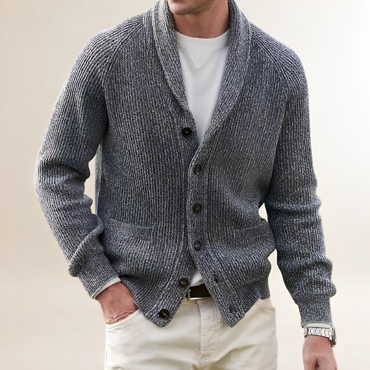Men's Vintage Shawl-Collar Cardigan - Button-Front, Patch Pockets, Regular Fit