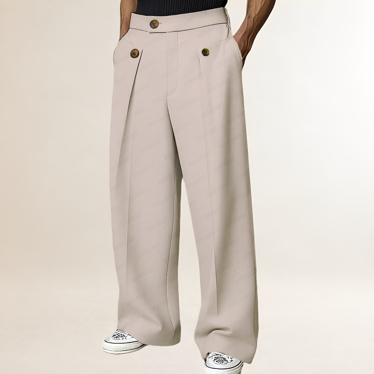 Men's Wide-Leg Trousers - High Waist with Button Detail and Pleats