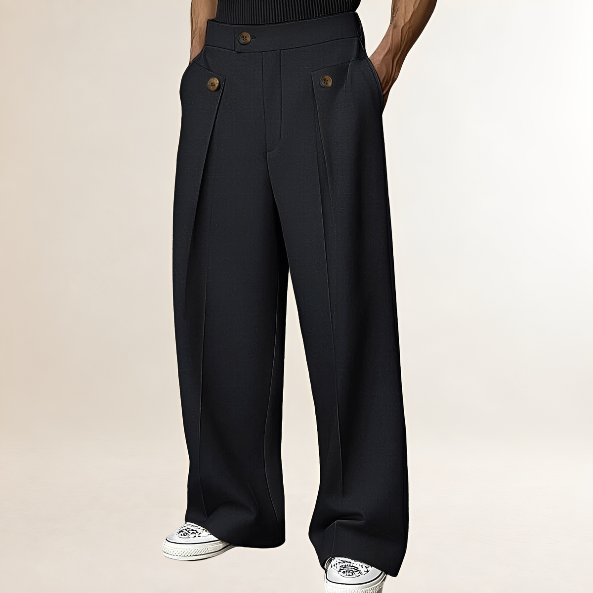 Men's Wide-Leg Trousers - High Waist with Button Detail and Pleats