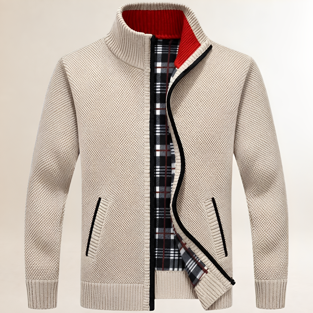 Men's zip-front sweater with stand collar, plaid inner lining, ribbed cuffs & hem, relaxed fit