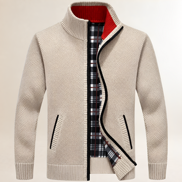 Men's zip-front sweater with stand collar, plaid inner lining, ribbed cuffs & hem, relaxed fit