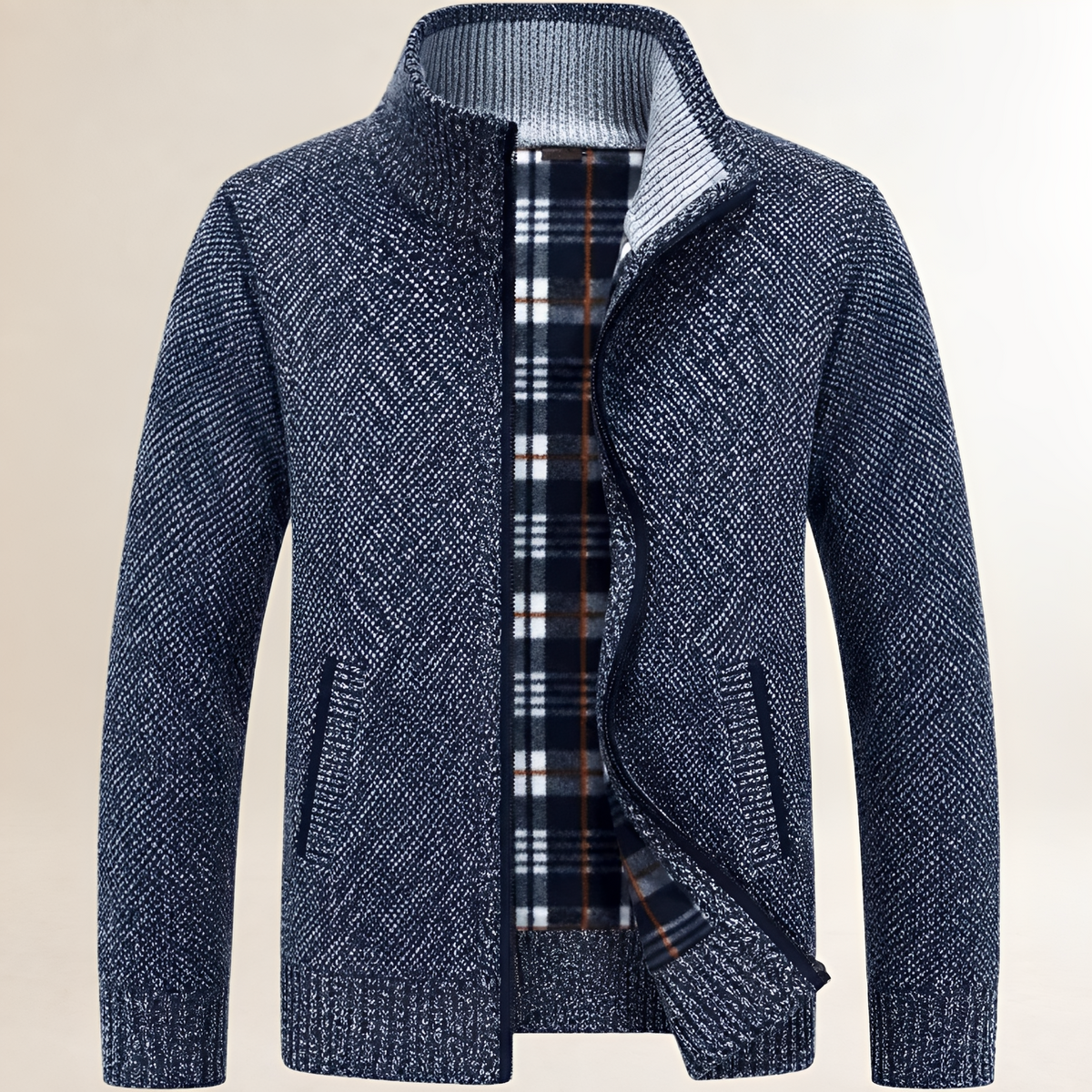 Men's zip-front sweater with stand collar, plaid inner lining, ribbed cuffs & hem, relaxed fit