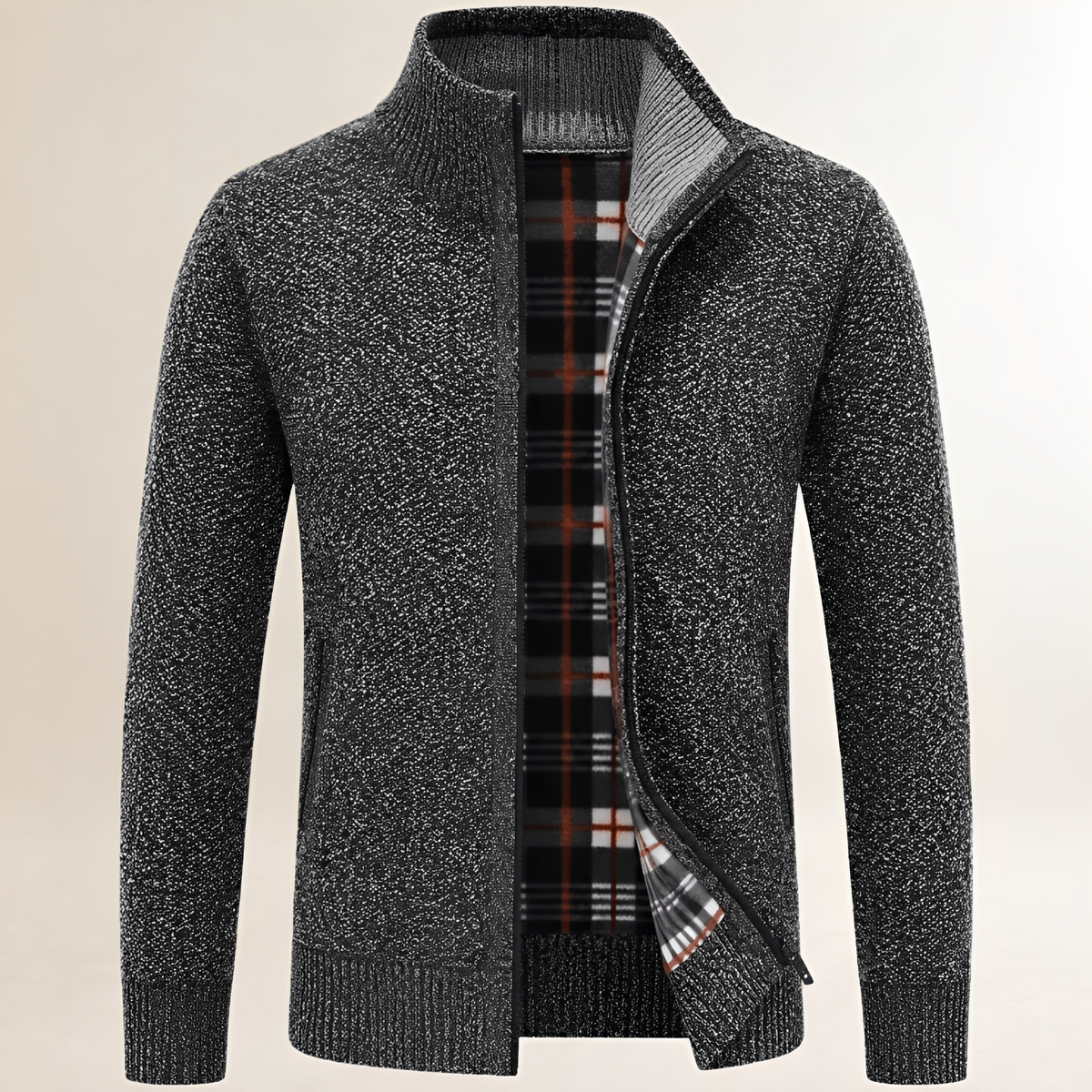 Men's zip-front sweater with stand collar, plaid inner lining, ribbed cuffs & hem, relaxed fit