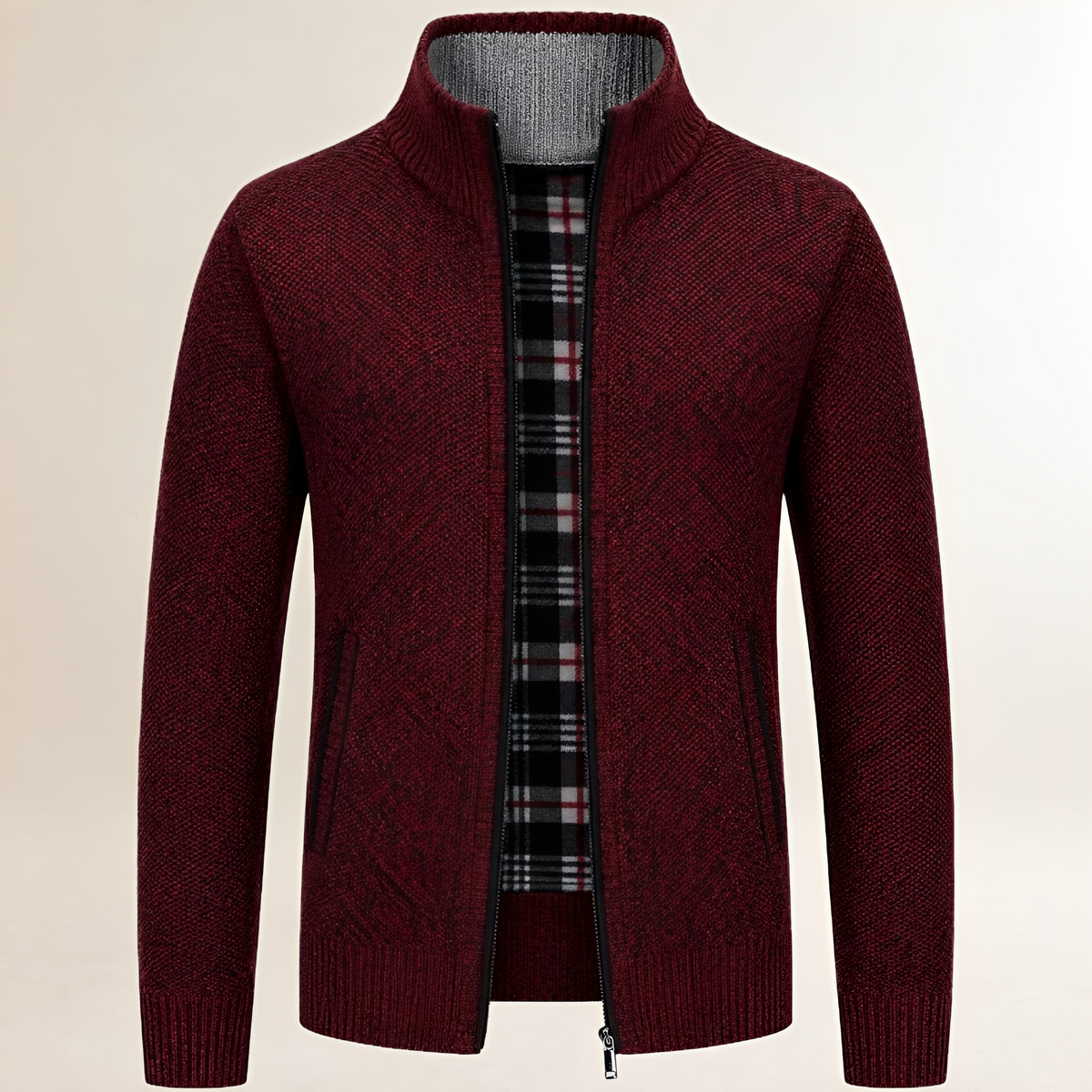 Men's zip-front sweater with stand collar, plaid inner lining, ribbed cuffs & hem, relaxed fit