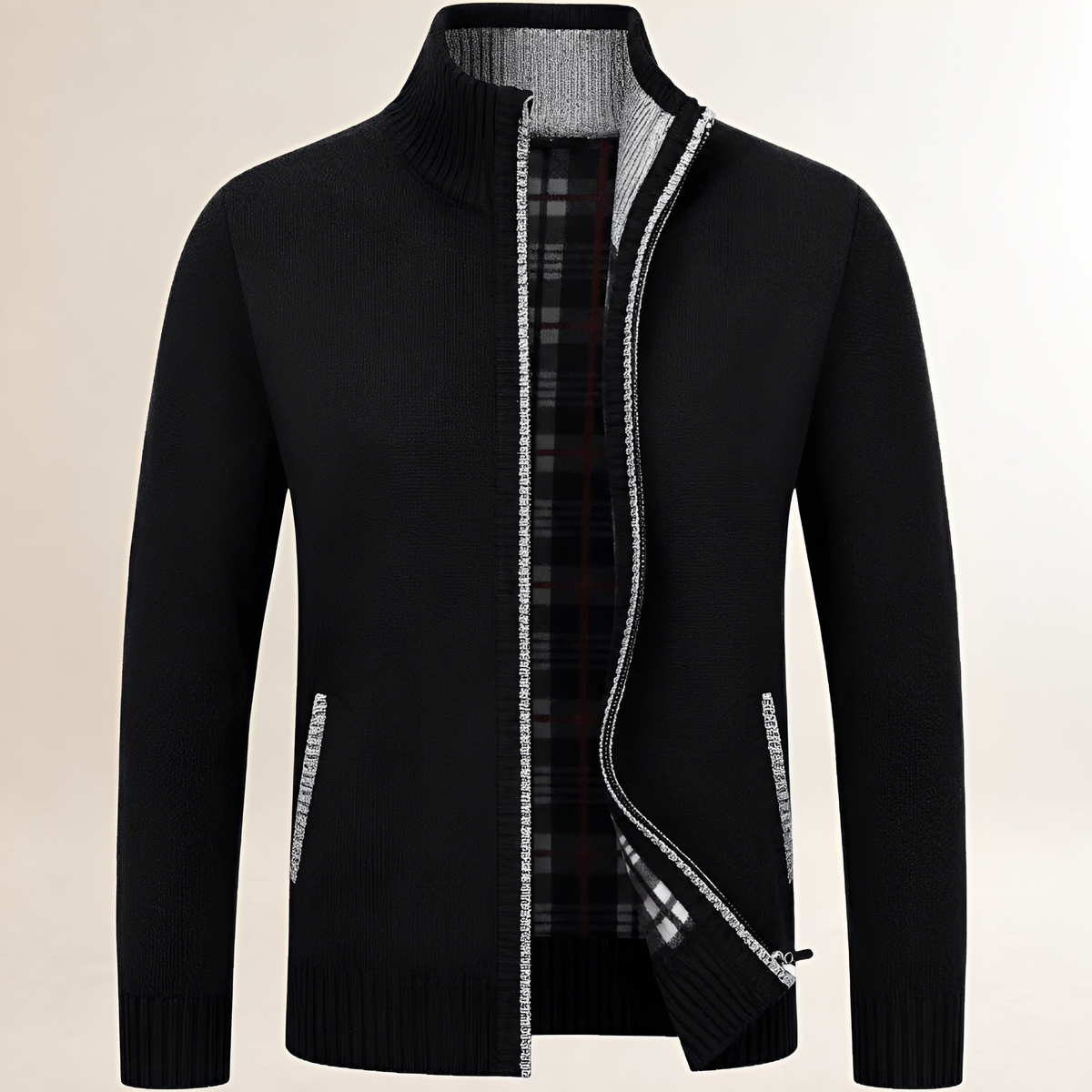 Men's zip-front sweater with stand collar, plaid inner lining, ribbed cuffs & hem, relaxed fit