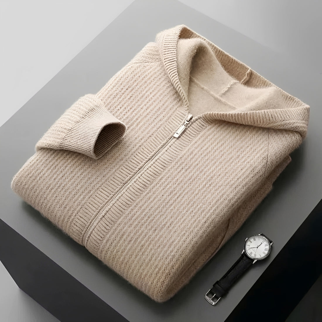 Men's Zip Hoodie - Textured Design with Hood and Pockets