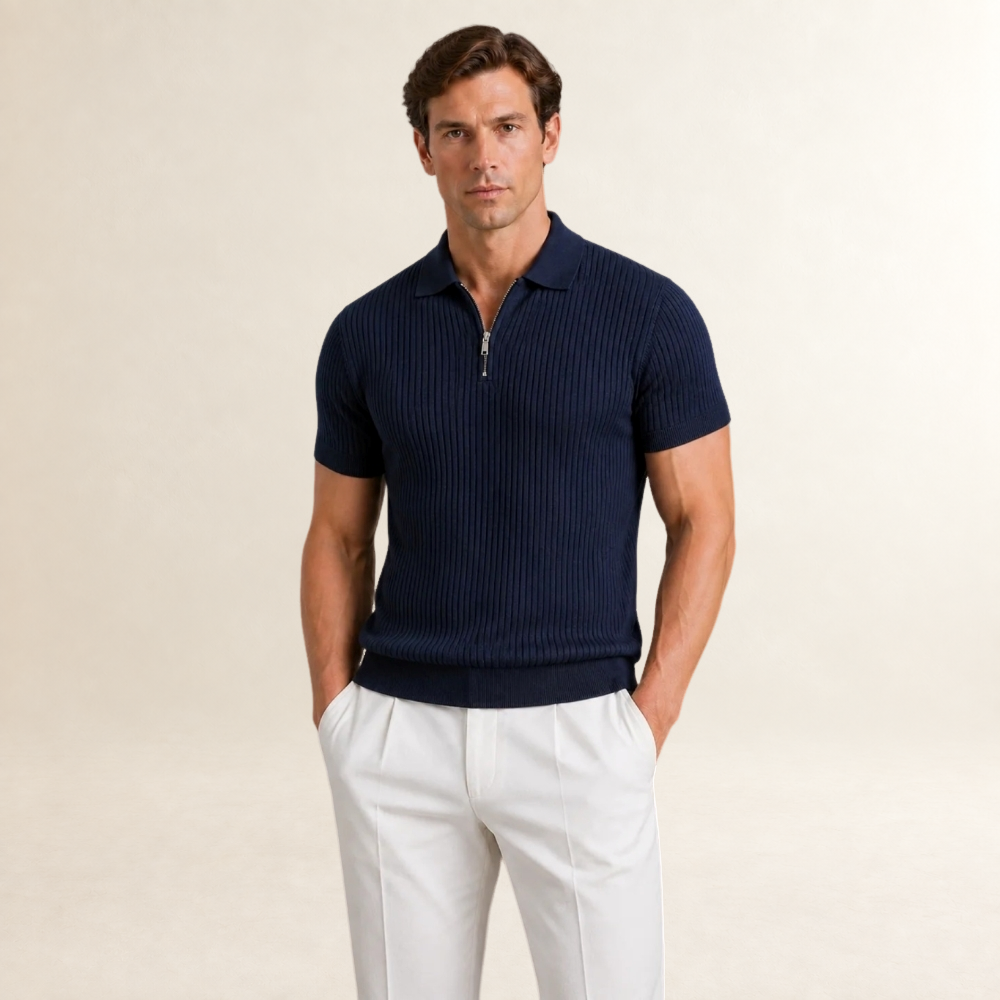 Men's Zip Polo Shirt with Ribbed Design - Short Sleeve, Modern Fit