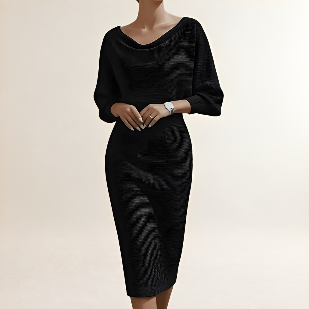 Midi Dress for Women - Draped Cowl Neck, Batwing Sleeves, Fitted Silhouette
