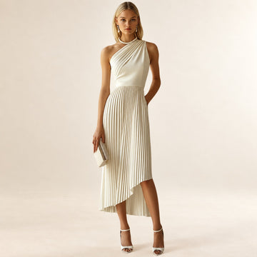 Midi Dress for Women One-Shoulder Pleated Design High-Low Hem