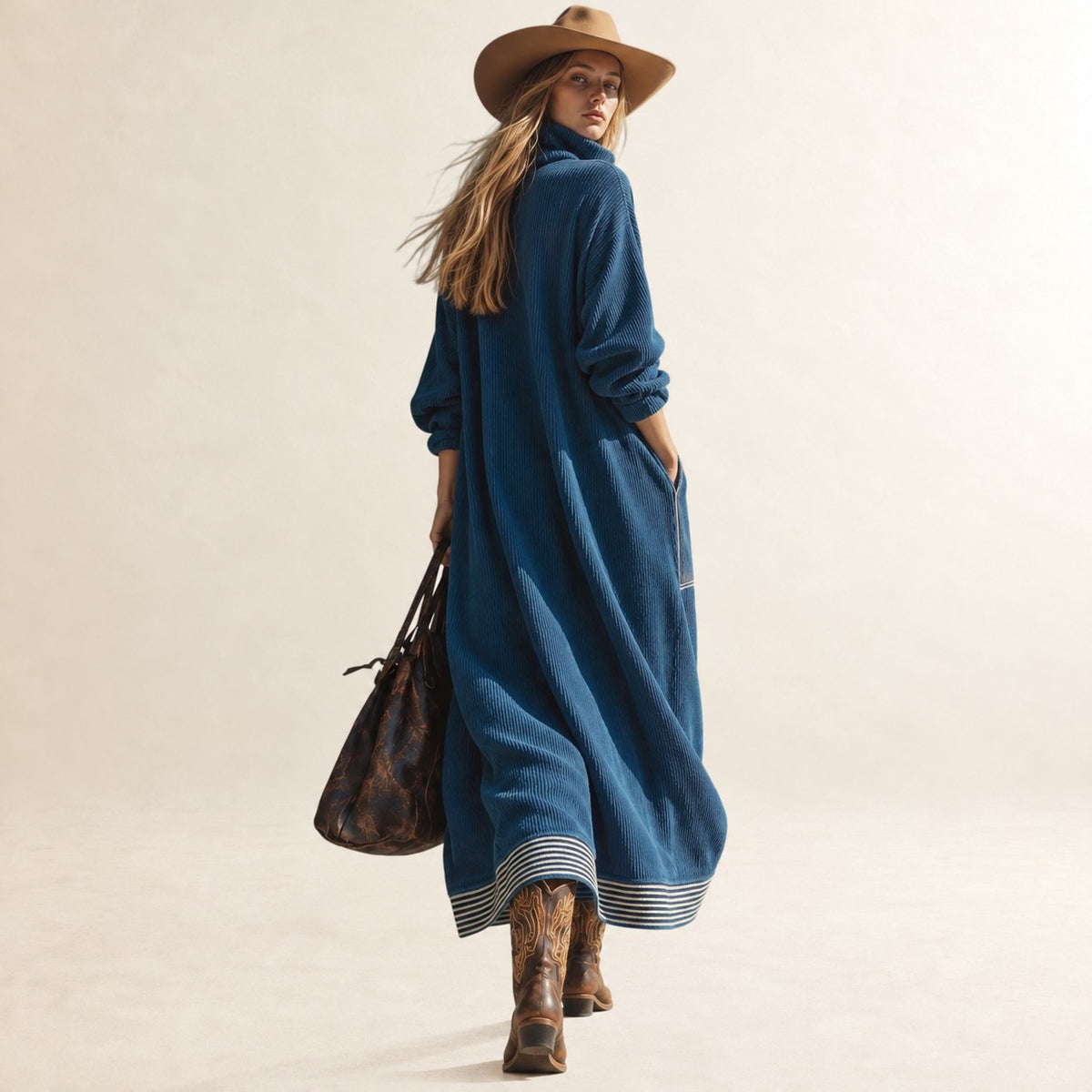 Midi Dress for Women with High Collar and Large Pockets - Relaxed Fit
