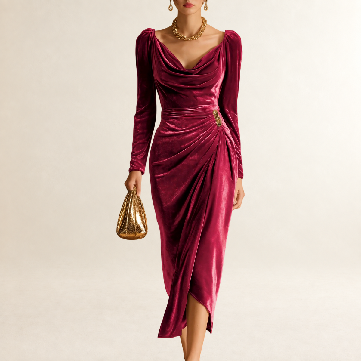 Midi Dress Women Cowl Neck Long Sleeve Ruched Design - Regular Fit