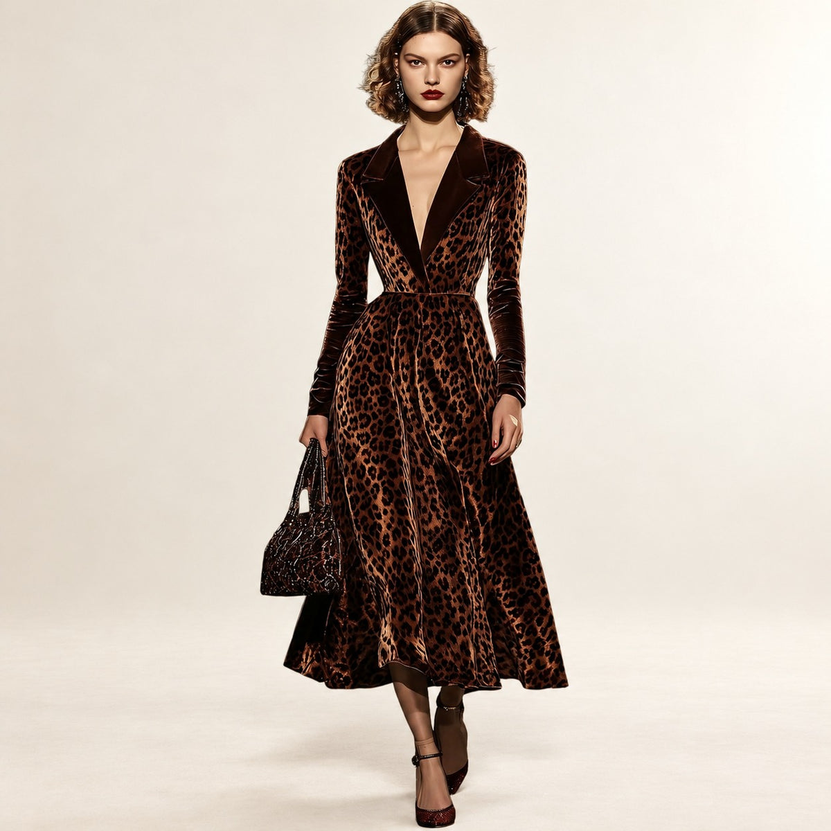 Midi Dress Women Lapel Long Sleeve Leopard Print - Waist-Hugging Fit
