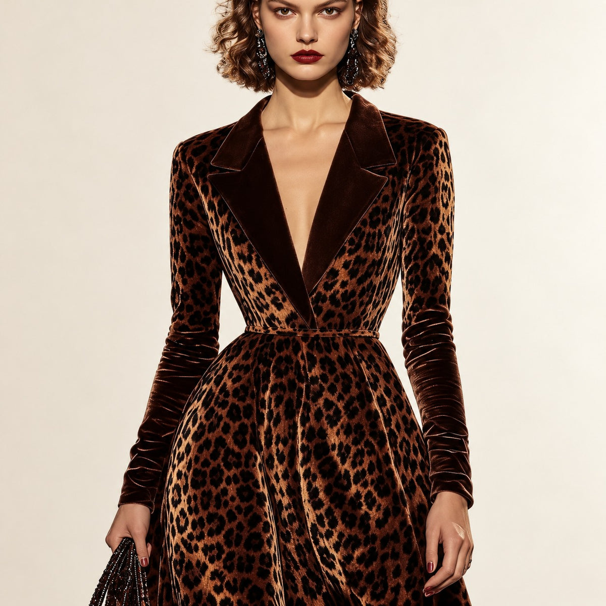 Midi Dress Women Lapel Long Sleeve Leopard Print - Waist-Hugging Fit