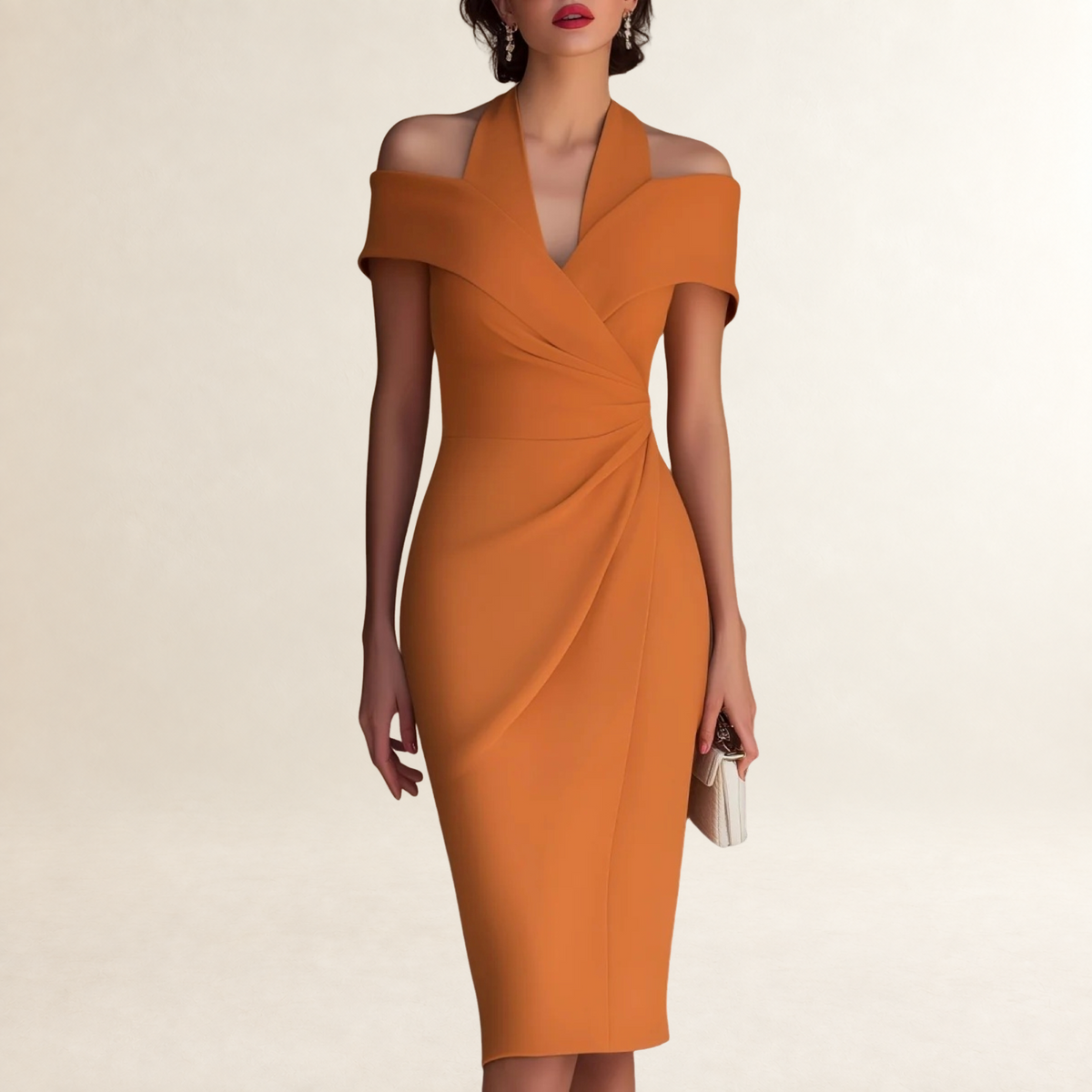 Midi Dress Women Off-Shoulder Halter Neck Ruched Wrap - Bodycon Fit