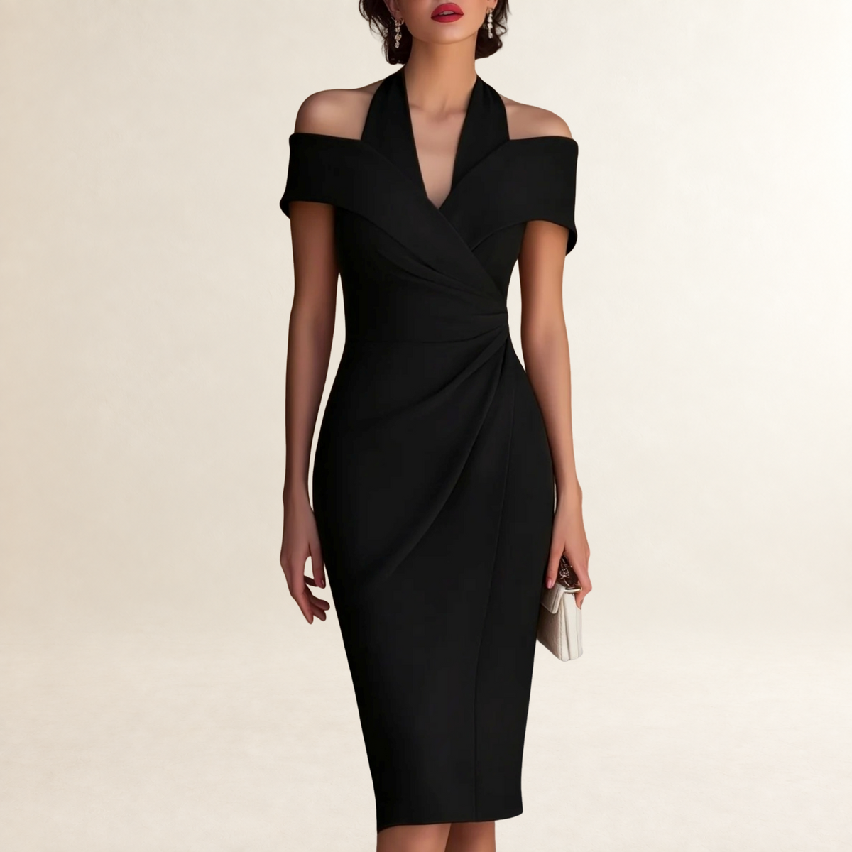 Midi Dress Women Off-Shoulder Halter Neck Ruched Wrap - Bodycon Fit
