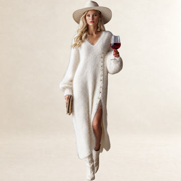 Midi Dress Women V-Neck Button Front Side Slit - Relaxed Fit Long Sleeve
