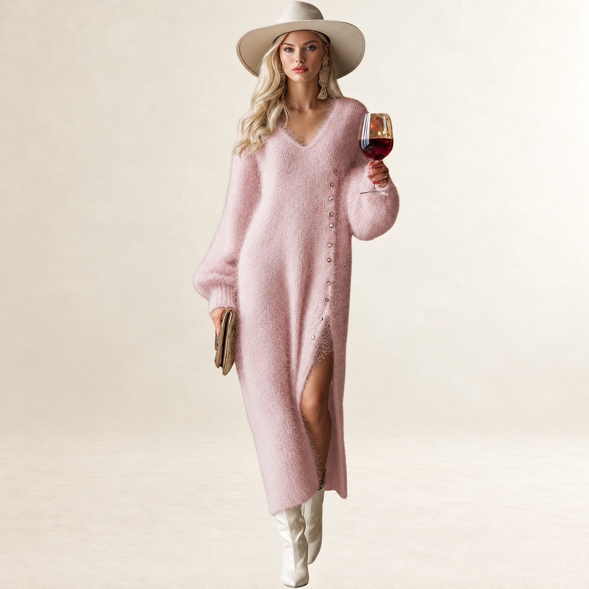 Midi Dress Women V-Neck Button Front Side Slit - Relaxed Fit Long Sleeve