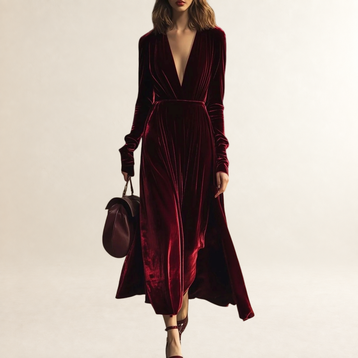 Midi Dress Women V-Neck Long Sleeve Pleated Design - Elegant Fit
