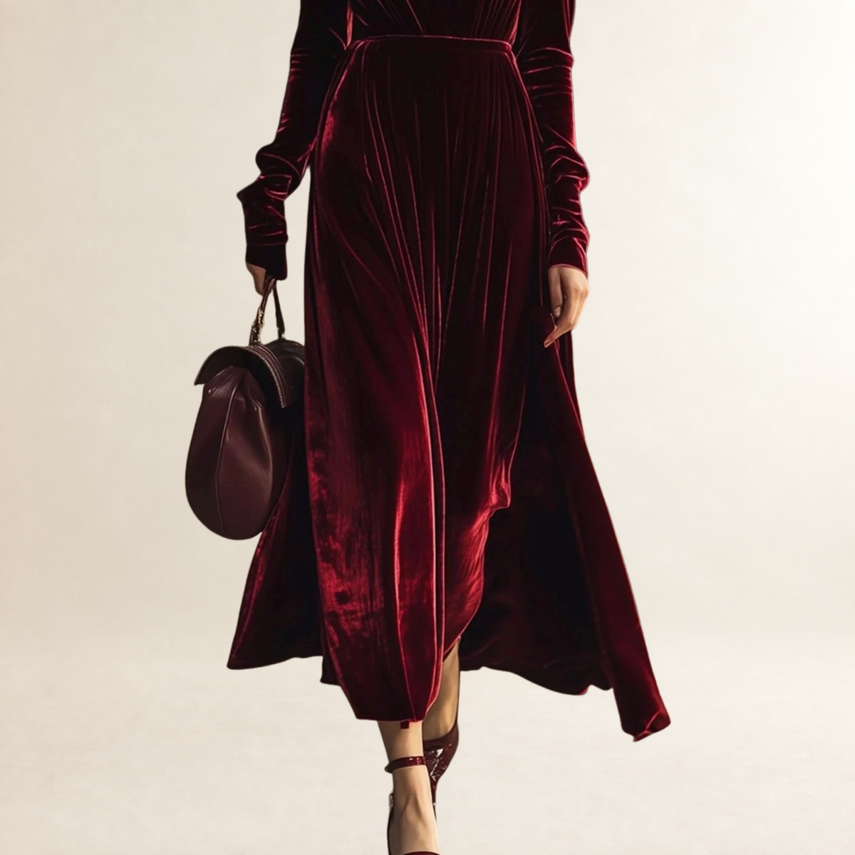Midi Dress Women V-Neck Long Sleeve Pleated Design - Elegant Fit