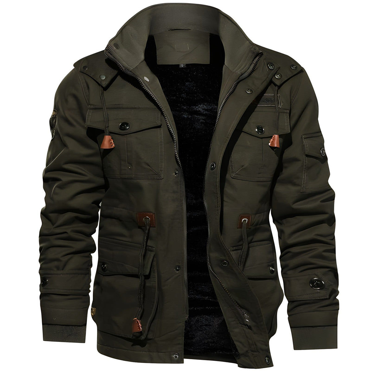 Military Jacket for Men - Multiple Pockets, Button and Zipper Closure, Structured Fit