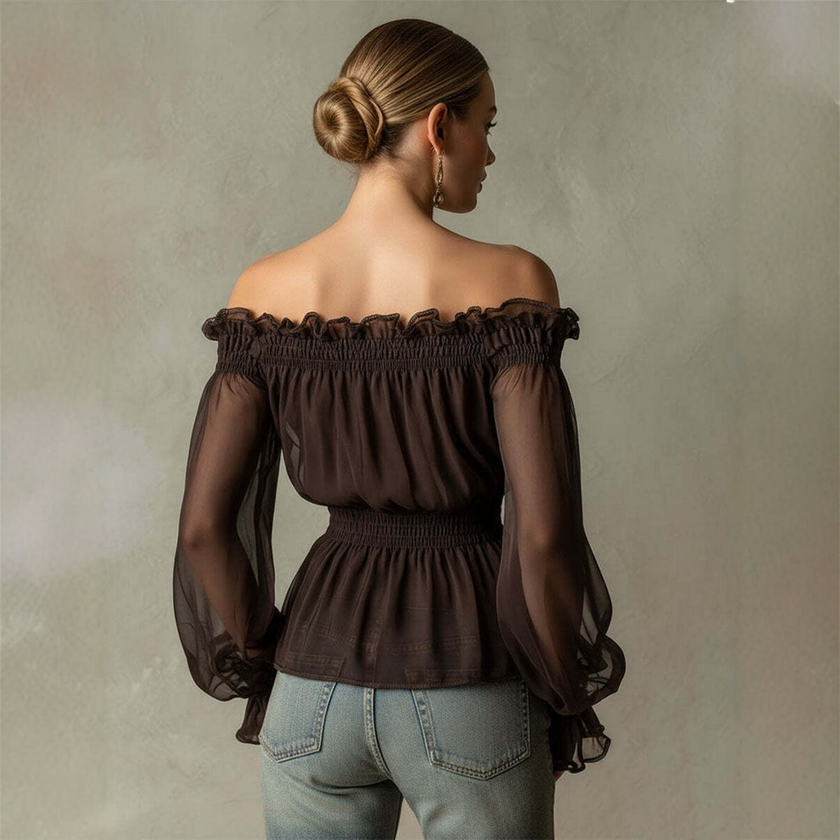 Off-Shoulder Blouse for Women with Ruffles and Smocked Waist