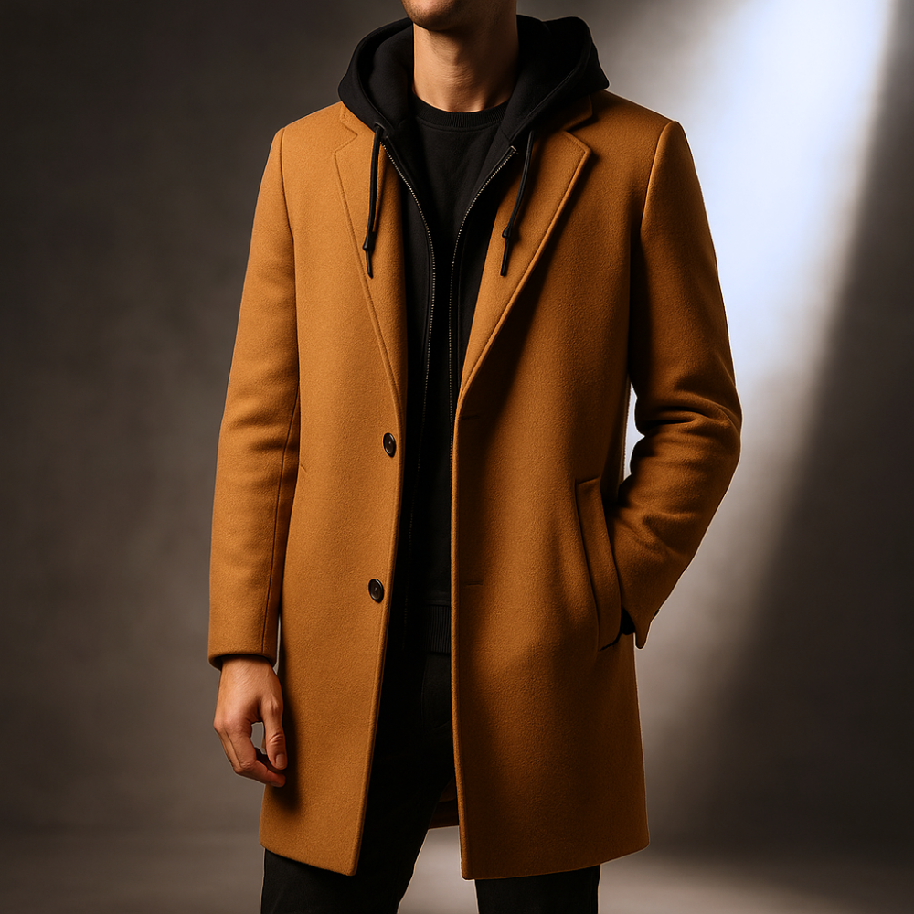 Overcoat for Men - Hooded, Long Length, Button Closure, Tailored Fit