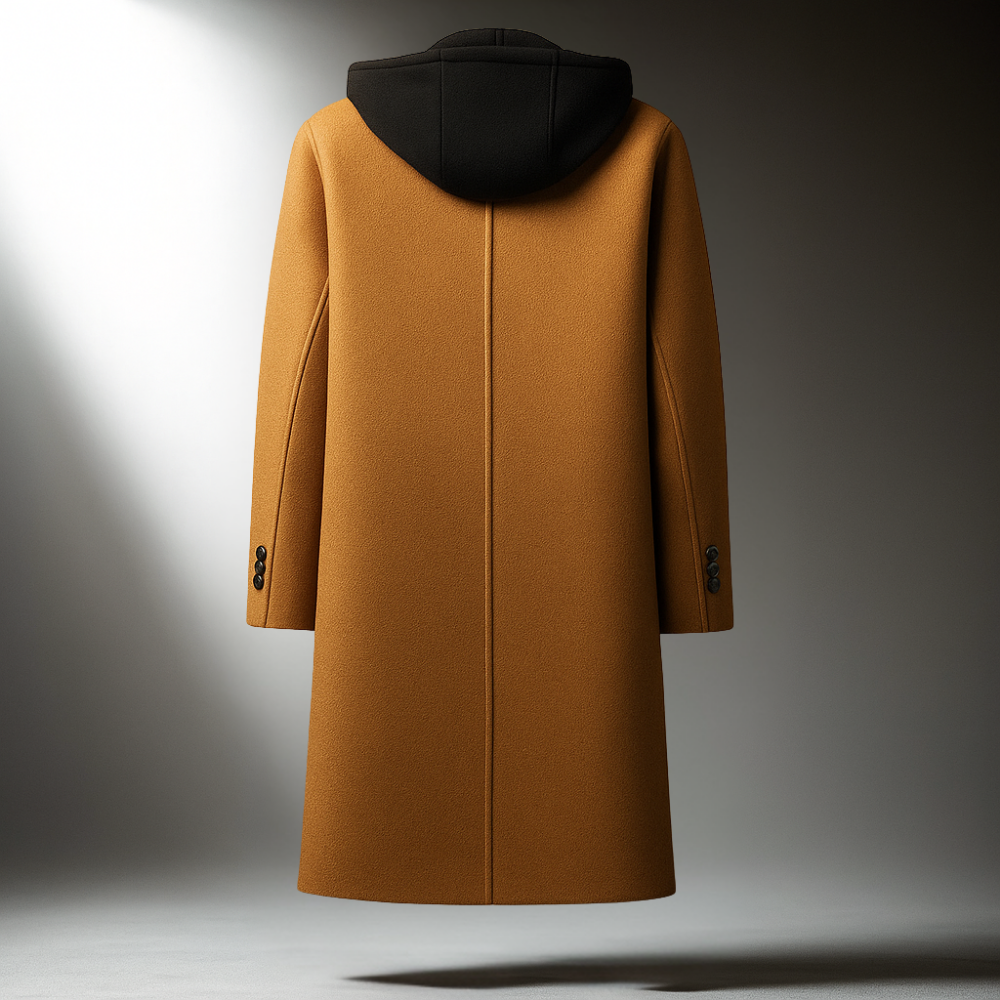 Overcoat for Men - Hooded, Long Length, Button Closure, Tailored Fit