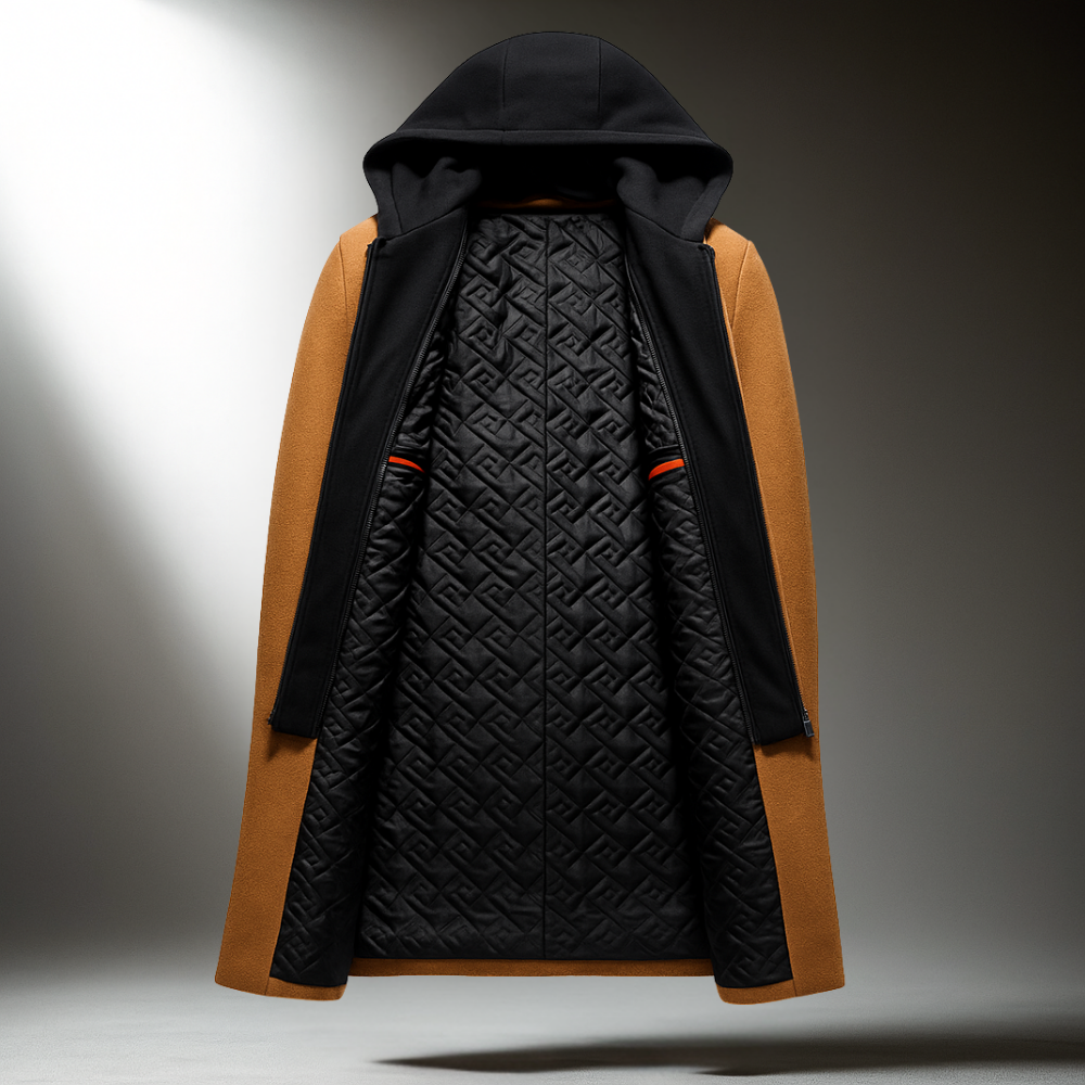 Overcoat for Men - Hooded, Long Length, Button Closure, Tailored Fit