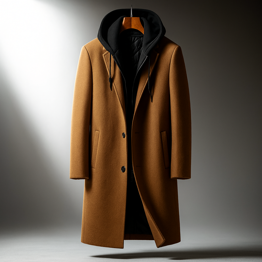 Overcoat for Men - Hooded, Long Length, Button Closure, Tailored Fit