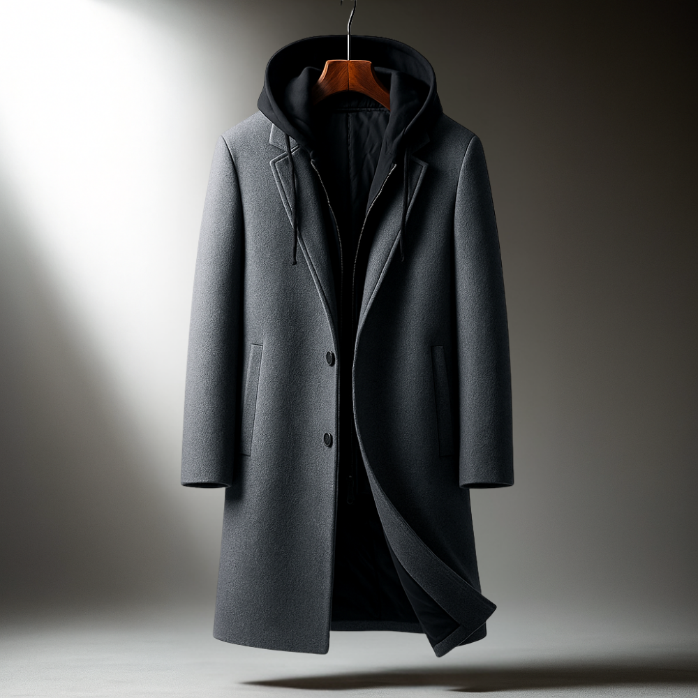 Overcoat for Men - Hooded, Long Length, Button Closure, Tailored Fit
