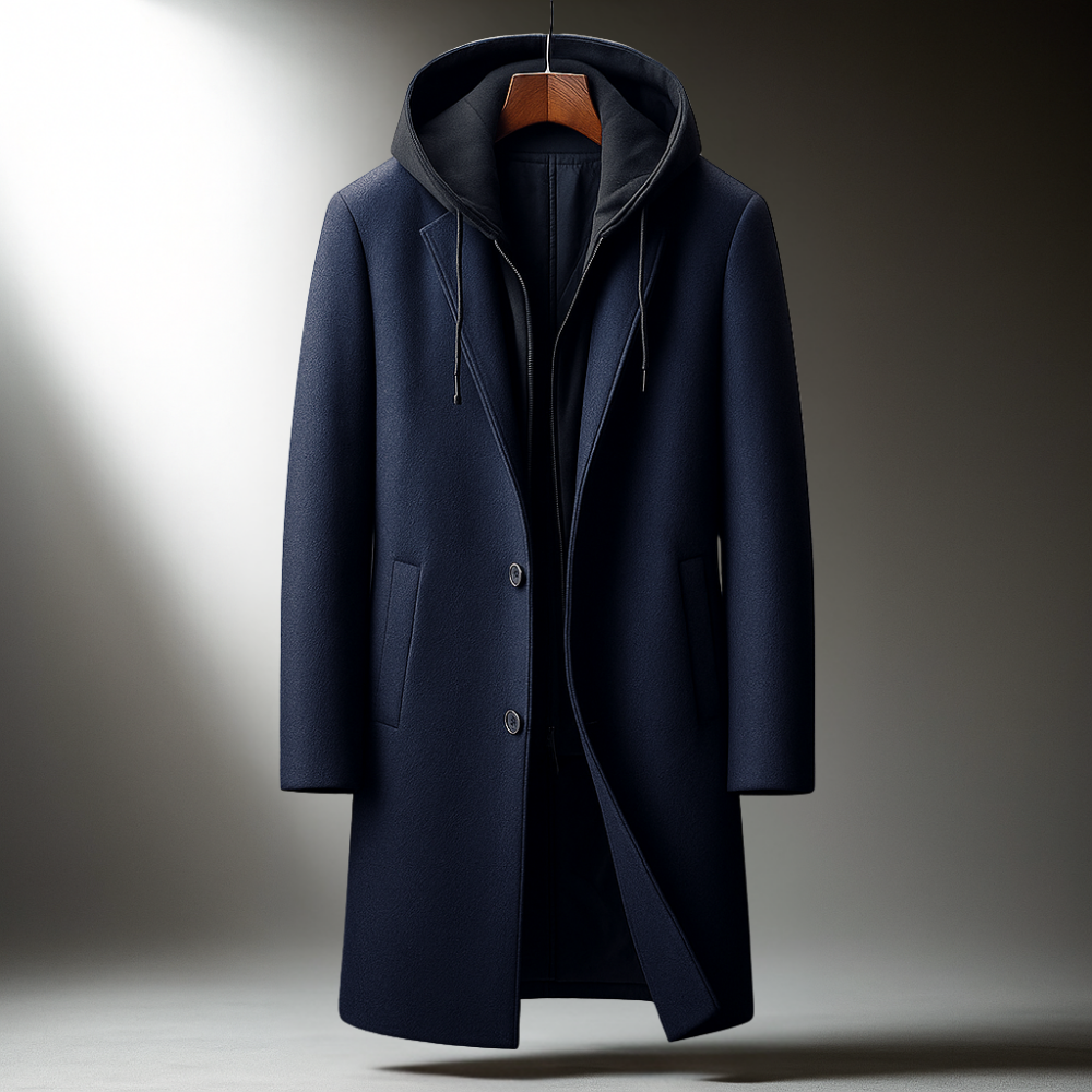 Overcoat for Men - Hooded, Long Length, Button Closure, Tailored Fit