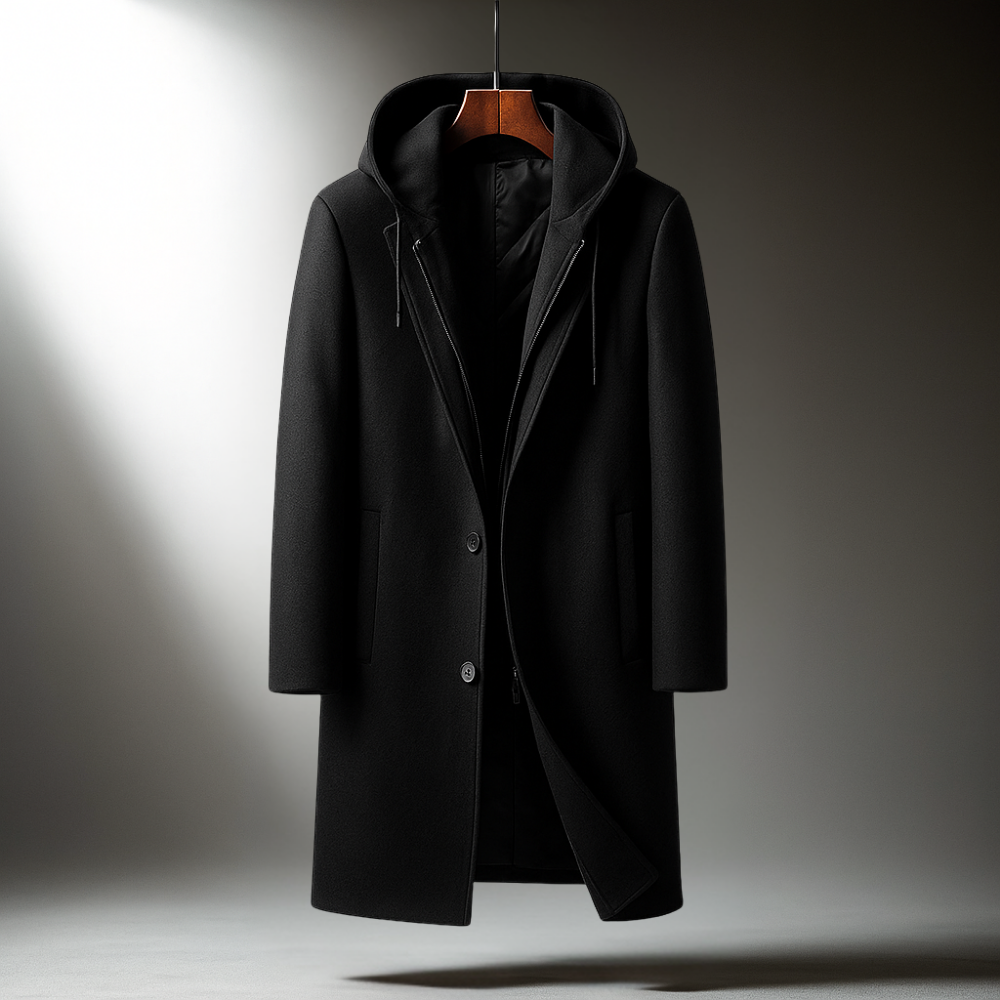 Overcoat for Men - Hooded, Long Length, Button Closure, Tailored Fit