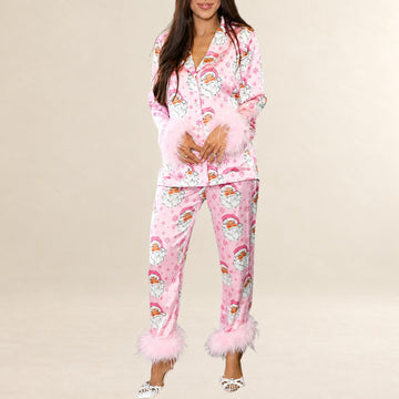 Pajama Set for Women - Feather-Trim Long-Sleeve Button-Front Top & Relaxed Ankle Pants, Allover Print
