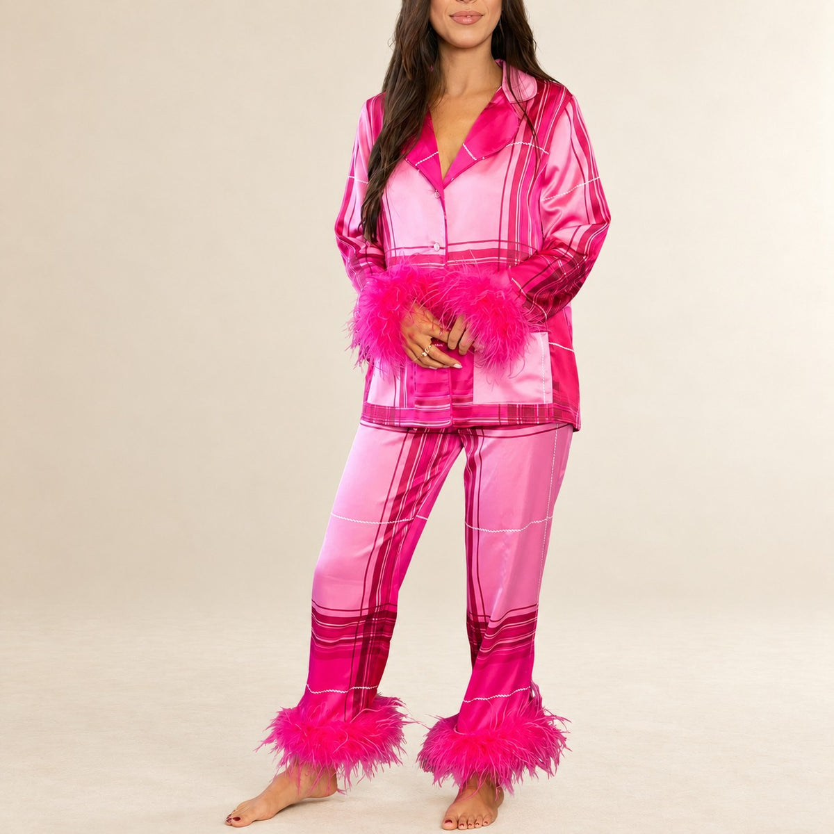 Pajama Set for Women - Feather-Trim Long-Sleeve Button-Front Top & Relaxed Ankle Pants, Allover Print