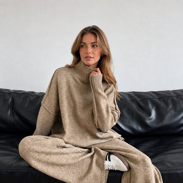 Pant Set for Women - Turtleneck Sweater and Wide Leg Pants, Oversized Fit